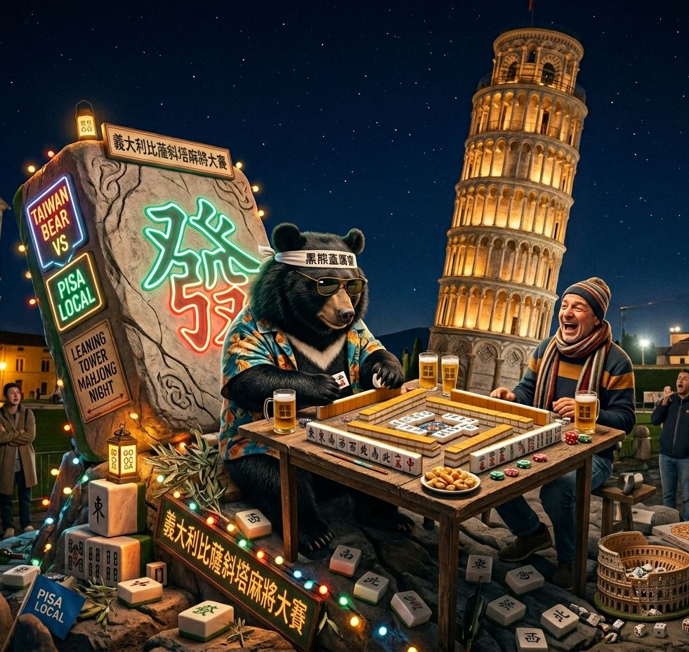 比薩斜塔深夜麻將大賽,台灣黑熊跨義大利踢館對決,義大利披薩配台灣麻將,台灣熊愛打麻將,台灣黑熊打麻將,義大利比薩斜塔有台灣黑熊出沒,台灣黑熊在義大利比薩斜塔打麻將