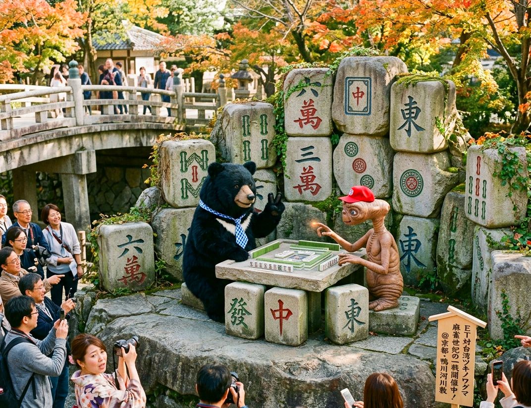 京都鴨川驚現宇宙級雀聖爭霸戰,京都最新打卡聖地之發財中,日本京都古蹟前上演跨星球國際賭局,台灣熊愛打麻將,台灣黑熊打麻將,日本京都鴨川有台灣黑熊出沒,台灣黑熊在日本京都鴨川打麻將,星際ET與黑熊麻將交流,外星人也想碰碰胡,幽浮路過看熱鬧,黑熊與外星人在日本京都鴨川揪團打牌,台灣黑熊跨國出征京都打麻將