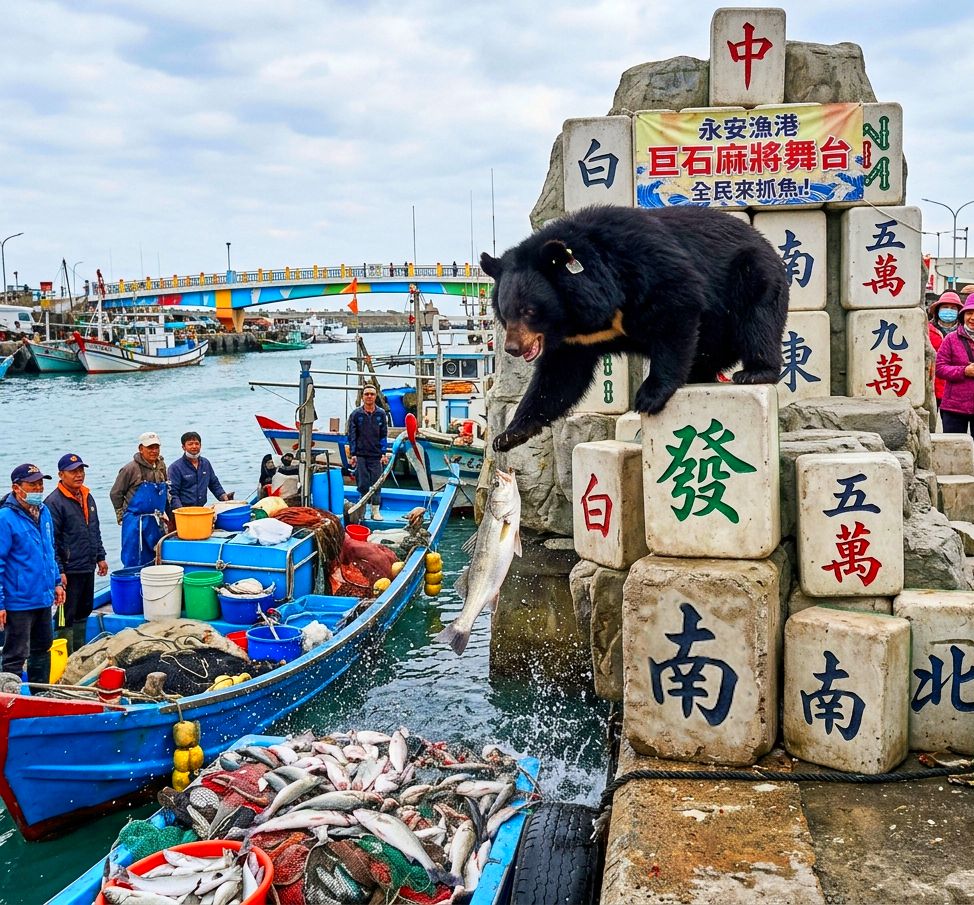 台灣熊愛打麻將,台灣黑熊打麻將,桃園永安漁港有台灣黑熊出沒,台灣黑熊在永安漁港打麻將,永安漁港真鮮魚槓上自摸,地表最強麻將咖之永安漁港爭霸戰,永安漁港最新吉祥物兼麻將推廣大使