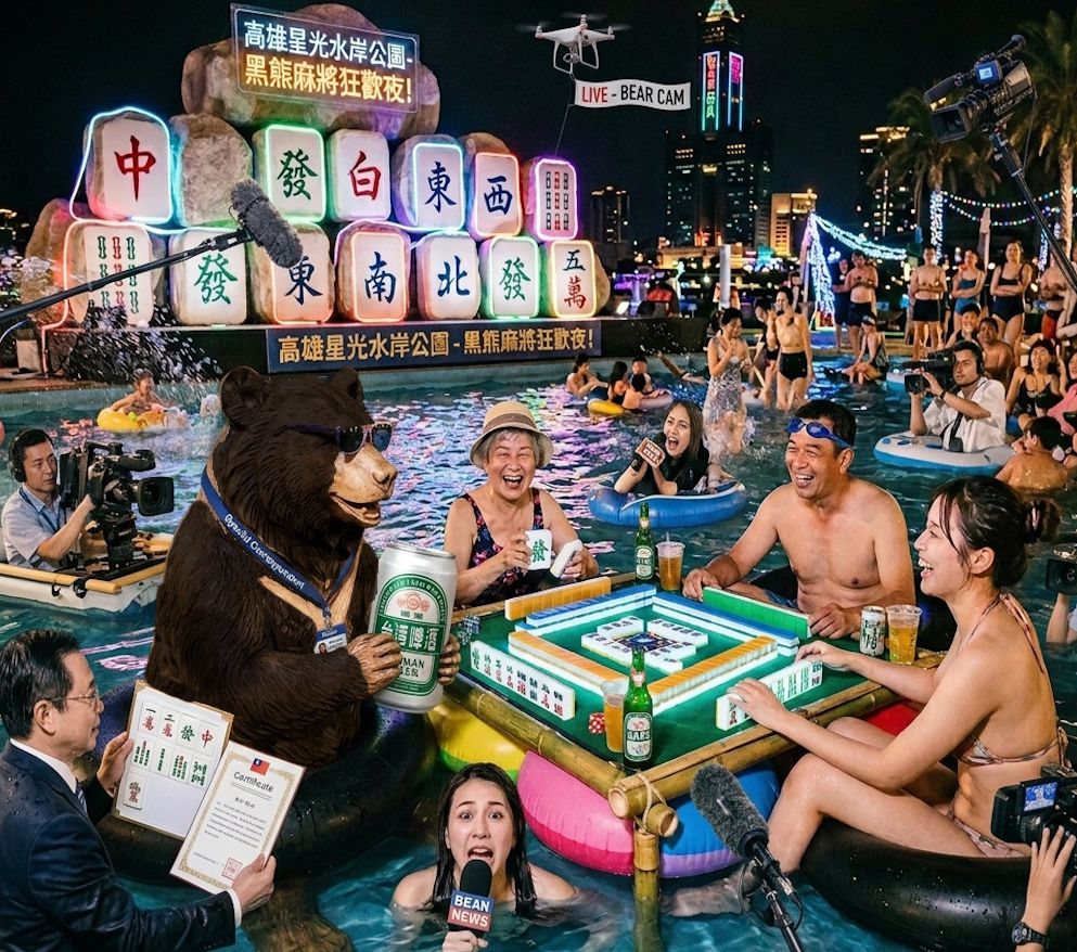 台灣熊愛打麻將,台灣黑熊打麻將,高雄星光水岸公園有台灣黑熊出沒,台灣黑熊在高雄星光水岸公園打麻將,高雄星光水岸公園限定黑熊麻將狂歡夜,台啤配麻將簡直是高雄夜生活的頂級標配,熊掌摸牌速度比高鐵還快