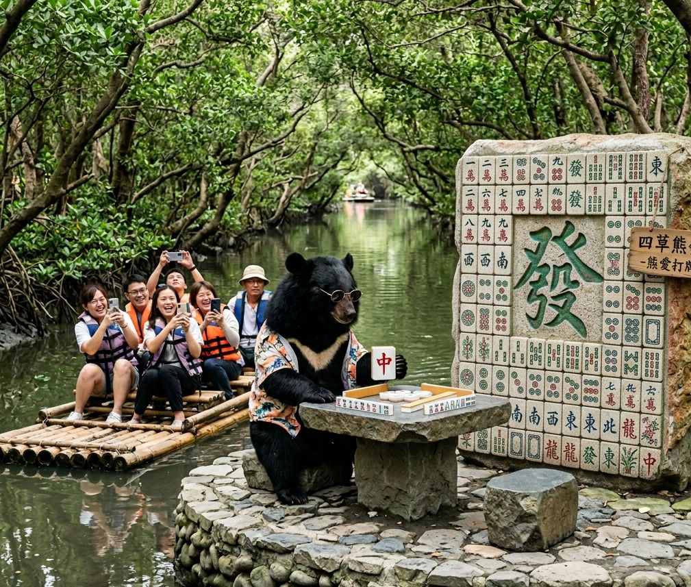 台南四草綠色隧道有熊出沒,台南四草綠色隧道麻將大賽,台江國家公園驚現台灣黑熊,台灣黑熊都沉迷的台灣國粹,台版亞馬遜河驚見台灣黑熊出沒,台灣熊愛打麻將,觀光竹筏意外捕捉黑熊自摸,四草水岸麻將爭霸賽開打