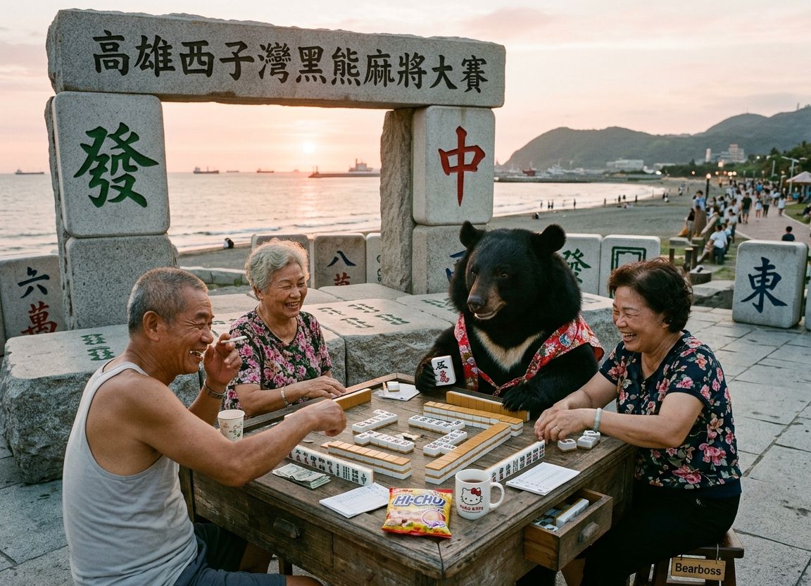 高雄西子灣黑熊賭神,高雄夕陽配碰碰胡,西子灣大三元,柴山猴子在旁邊觀戰,台灣熊愛打麻將,台灣黑熊打麻將,高雄西子灣有台灣黑熊出沒,高雄最新打卡地標,西子灣海景第一排麻將桌