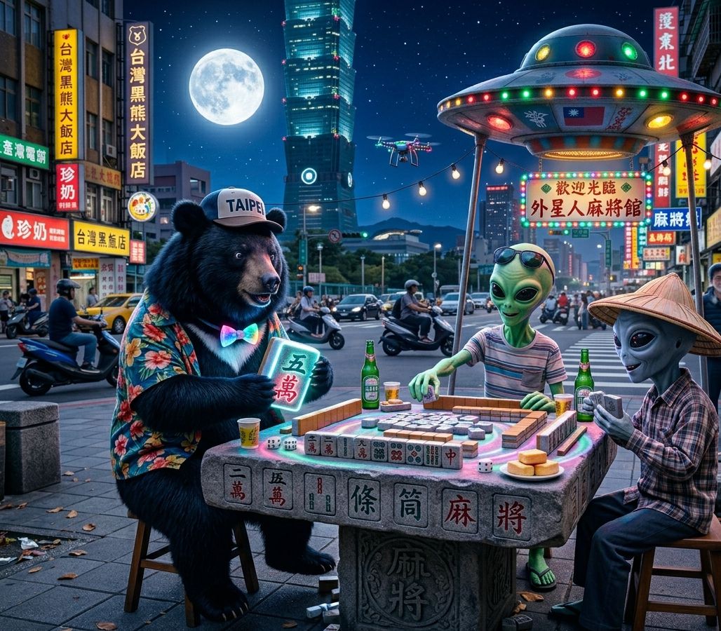 飛碟來襲熊掌摸牌,台灣黑熊在台北信義區第三類接觸,台北信義區驚現UFO,台灣熊愛打麻將,台灣黑熊在台北信義區打麻將,星際ET與黑熊麻將交流,用台灣啤酒跟外星人交朋友,幽浮路過看熱鬧,黑熊與外星人揪團打牌