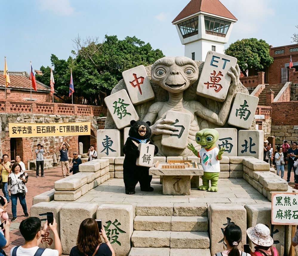 台灣熊愛打麻將,台灣黑熊打麻將,外星人也想碰碰胡,幽浮路過看熱鬧,黑熊與外星人在台南名勝古蹟熱蘭遮城揪團打牌,台南安平古堡揪團打牌,荷蘭安平古堡台灣黑熊出沒,星際ET與黑熊在台南麻將交流