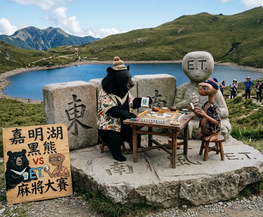 台灣海拔第二高驚見外星人,天使的眼淚變成賭徒的眼淚,上帝遺失在人間之藍寶石,飛碟來襲熊掌摸牌,台灣黑熊在嘉明湖第三類接觸,台灣熊愛打麻將,台灣黑熊在嘉明湖打麻將,星際ET與黑熊麻將交流,外星人也想碰碰胡,黑熊與外星人在嘉明湖揪團打牌