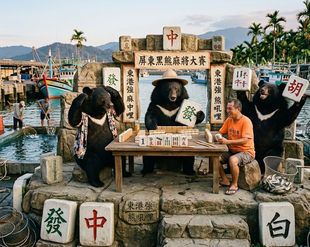 台灣熊愛打麻將,台灣黑熊打麻將,屏東東港漁港有台灣黑熊出沒,東港漁港拉斯維加斯,台灣黑熊在屏東東港漁港打麻將,地表最強麻將咖之屏東東港漁港爭霸戰,屏東東港漁港最新吉祥物兼麻將推廣大使