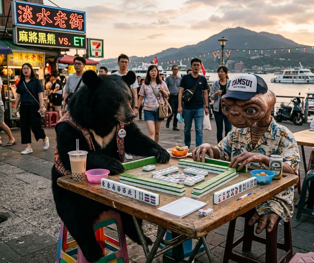 台灣熊愛打麻將,台灣黑熊在淡水老街打麻將,星際ET與黑熊麻將交流,外星人也想碰碰胡,幽浮路過看熱鬧,黑熊與外星人在淡水碼頭揪團打牌,宇宙和平從淡水河畔開胡開始,贏了去吃阿給輸了飛碟壓在淡水河,八里觀音山見證的外星人自摸時刻