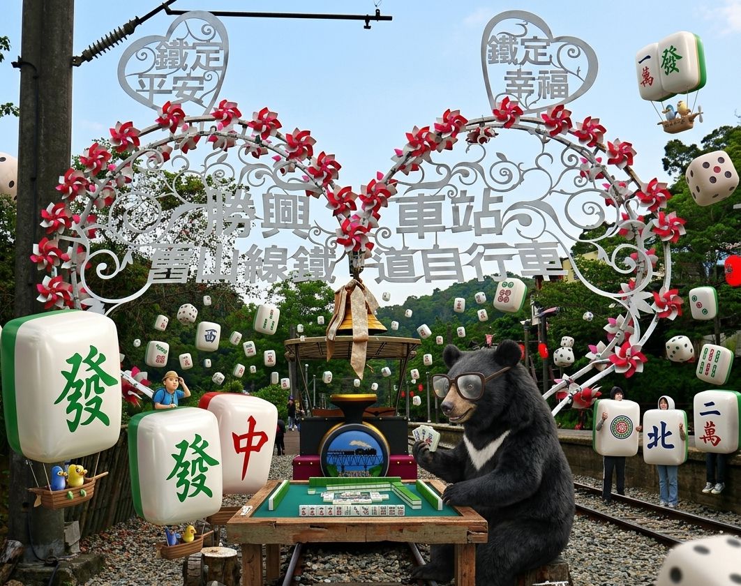 勝興車站鐵軌大塞車,鐵定平安變成鐵定放槍,舊山線鐵道變成國際麻將大賽,苗栗最新打卡景點野生台灣黑熊,鐵道麻將嘉年華,台灣熊愛打麻將,台灣黑熊打麻將,苗栗勝興車站有台灣黑熊出沒,台灣黑熊在苗栗勝興車站打麻將