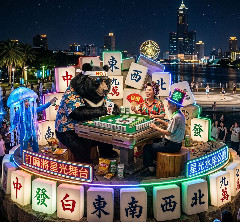台灣熊愛打麻將,台灣黑熊打麻將,高雄星光水岸公園有台灣黑熊出沒,台灣黑熊在高雄星光水岸公園打麻將,高雄星光水岸公園限定黑熊麻將狂歡夜,台啤配麻將簡直是高雄夜生活的頂級標配,熊掌摸牌速度比高鐵還快