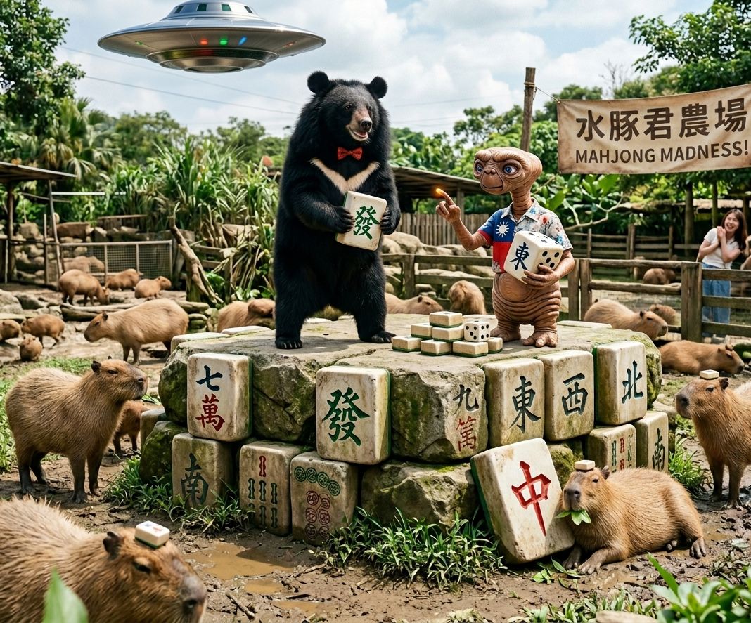 台灣黑熊與卡皮巴拉決鬥,台灣熊愛打麻將,台灣黑熊與卡比巴拉打麻將,任憑飛碟在頭頂閃爍依然堅持嚼樹葉的水豚,水豚牌友三缺一,水豚君揪團打麻將,水豚不吃草吃麻將,飛碟迫降水豚君農場,比外星人更像外星生物的無靈魂水豚