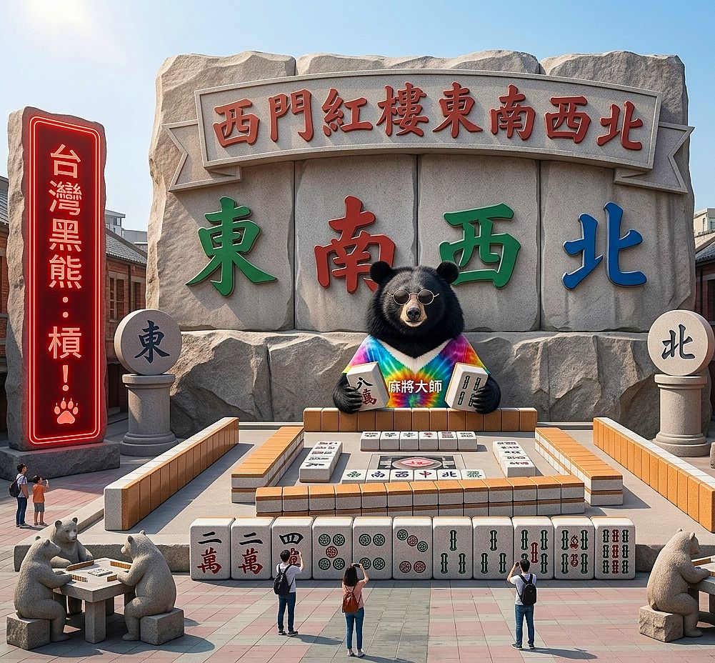 台灣熊愛打麻將,台灣黑熊打麻將,台北西門紅樓有台灣黑熊出沒,西門紅樓廣場前的台灣黑熊雀王爭霸戰,台灣黑熊在台北西門紅樓打麻將,台灣黑熊在台北西門紅樓揪團打牌,西門紅樓百年紅磚與麻將牌奇妙碰撞,西門町最新網美打卡地標