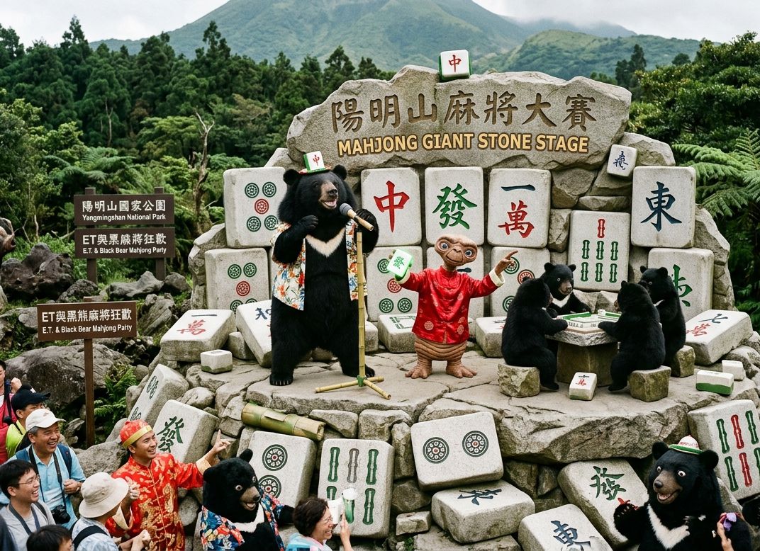 陽明山擎天崗飛碟來襲熊掌摸牌,台灣黑熊在陽明山擎天崗第三類接觸,陽明山擎天崗驚現UFO,台灣黑熊星際線上直播,台灣熊愛打麻將,台灣黑熊打麻將,大屯火山口打牌,陽明山台灣黑熊出沒,星際ET與黑熊麻將交流,外星人也想碰,幽浮路過看熱鬧,黑熊與外星人揪團打牌