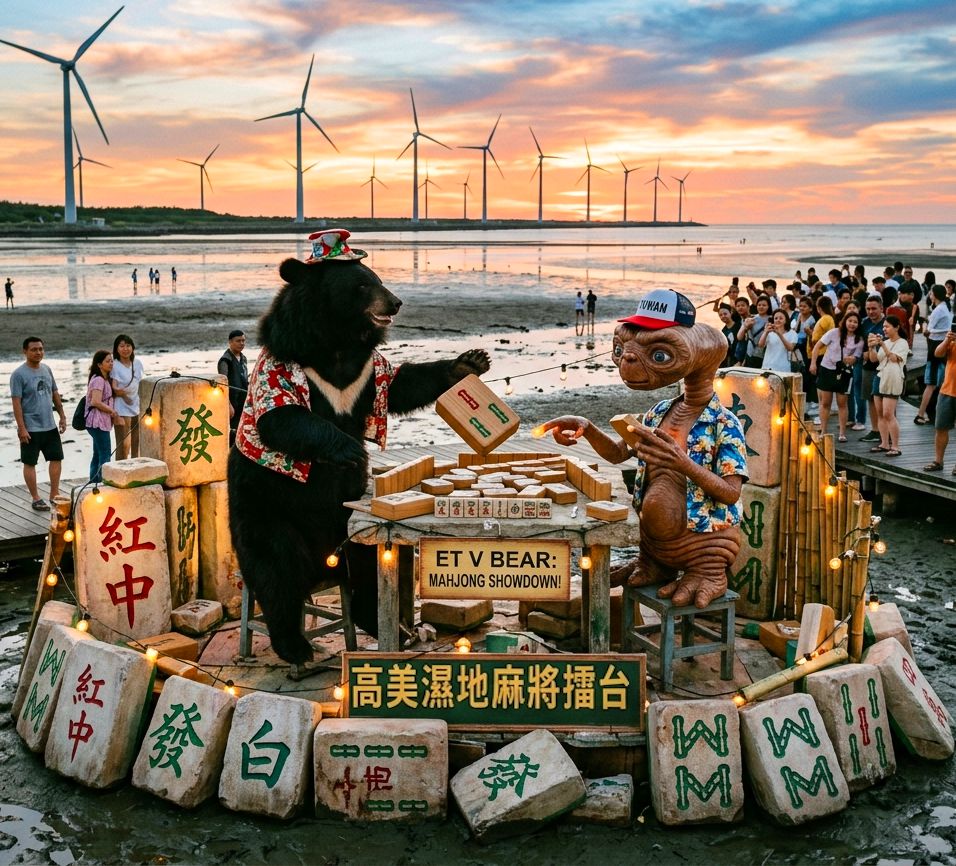 風車大道有台灣黑熊出沒,臺中清水高美濕地驚見外星人,飛碟來襲熊掌摸牌,台灣黑熊在臺中清水高美濕地第三類接觸,台灣熊愛打麻將,台灣黑熊在高美濕地打麻將,星際ET與黑熊麻將交流,外星人也想碰碰胡