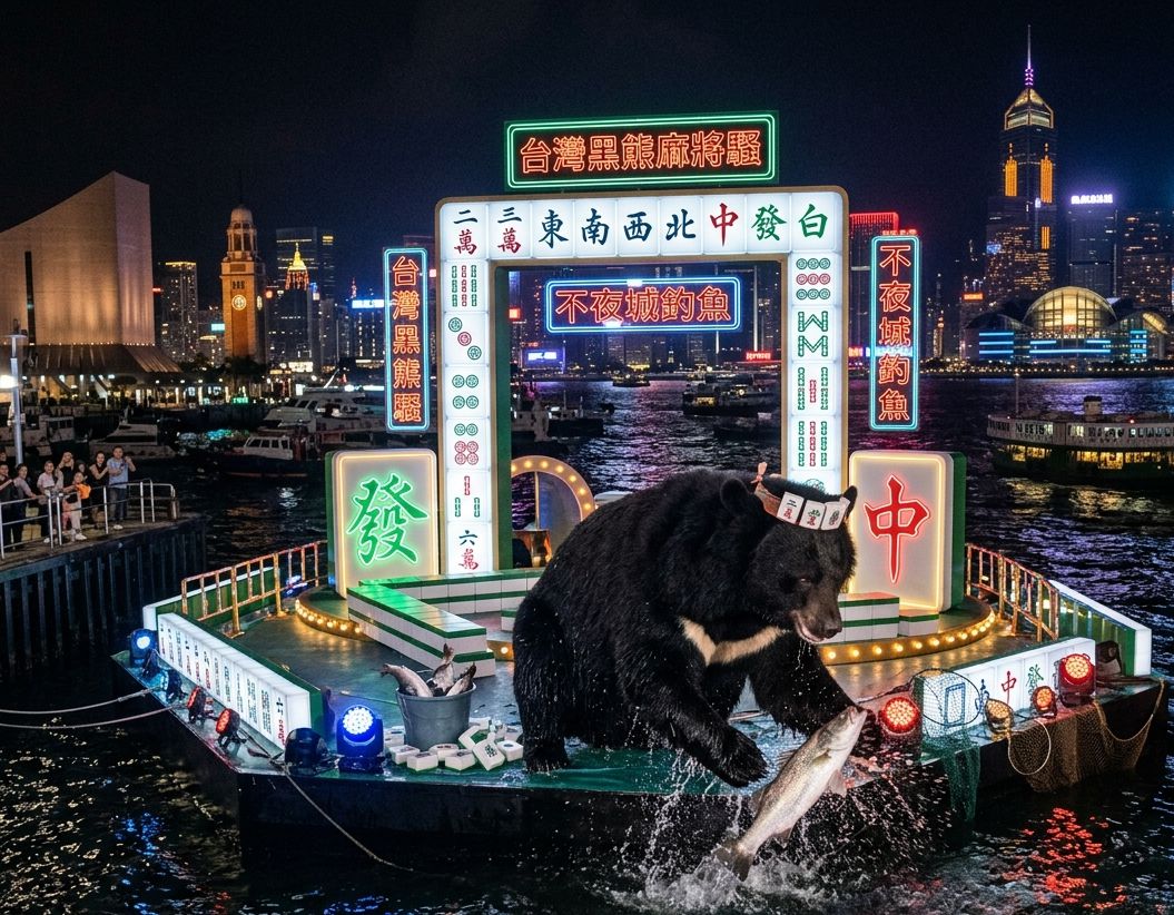 幻彩詠香江之海底撈月,海上漂流記之黑熊胡牌傳,維多利亞港麻雀大賽,黑熊喝港式絲襪奶茶,台灣黑熊遠征香港打牌,維港上空的麻將星雲,台灣熊愛打麻將,台灣黑熊打麻雀,台港交流維多利亞港熊出沒注意