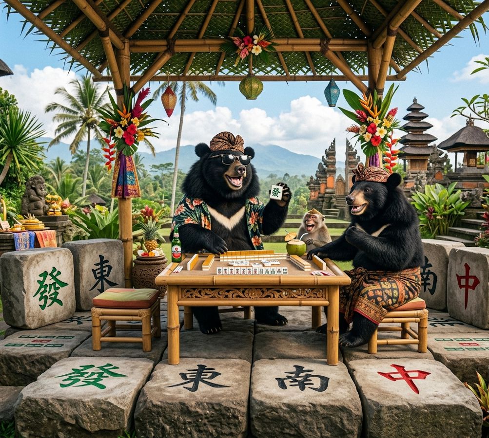 台灣熊愛打麻將,台灣黑熊打麻將,峇里島有台灣黑熊出沒,台灣黑熊在峇里島打麻將,峇里島變成大型麻將館,台灣黑熊邊打牌邊喝台灣啤酒,台灣黑熊的退休度假極樂生活,峇里島在地獼猴專業發牌手
