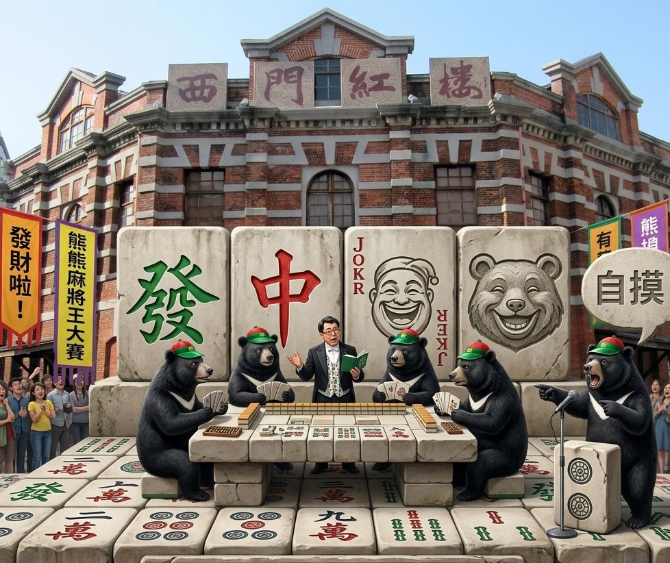 台灣熊愛打麻將,台灣黑熊打麻將,台北西門紅樓有台灣黑熊出沒,西門紅樓廣場前的台灣黑熊雀王爭霸戰,台灣黑熊在台北西門紅樓打麻將,台灣黑熊在台北西門紅樓揪團打牌,西門紅樓百年紅磚與麻將牌奇妙碰撞,西門町最新網美打卡地標