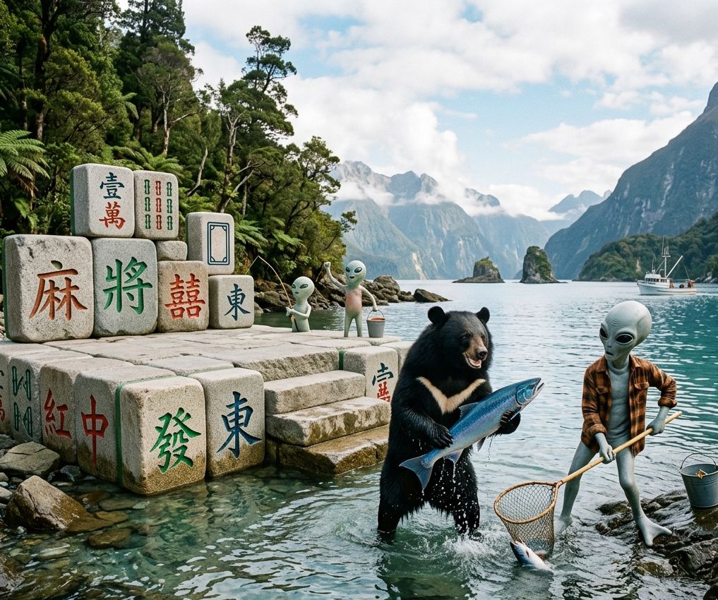 台灣黑熊遠征紐西蘭,紐西蘭驚現東風發財紅中,台灣熊愛打麻將,台灣黑熊打麻將,紐西蘭有台灣黑熊出沒,台灣黑熊在紐西蘭打麻將,星際ET與黑熊麻將交流,外星人也想碰碰胡,幽浮路過看熱鬧,黑熊與外星人在紐西蘭米爾福德峽灣揪團打牌
