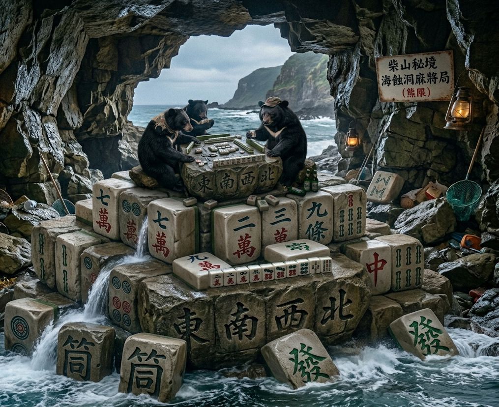 台灣熊愛打麻將,台灣黑熊打麻將,高雄柴山海蝕洞有台灣黑熊出沒,台灣黑熊在高雄柴山海蝕洞打麻將,台灣黑熊柴山秘境頂級職業雀聖,柴山秘境海蝕洞麻將局,高雄在地奇觀黑熊教你如何聽牌,穿山越嶺只為摸一把