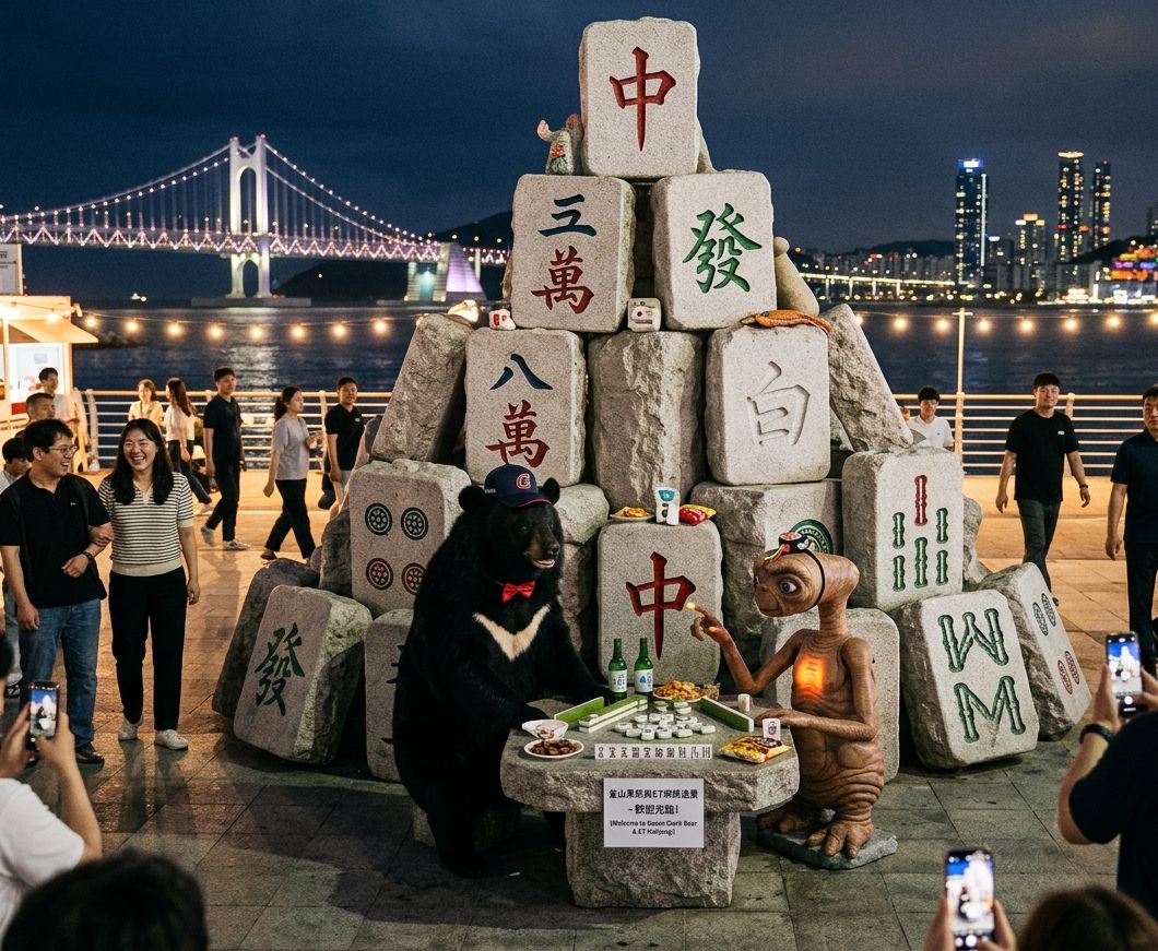 南韓釜山廣安大橋驚見外星人,一邊聽牌一邊喝香蕉牛奶配地瓜,南韓釜山廣安大橋限定觀光景點,星際外交與熊熊危機,台灣熊愛打麻將,台灣黑熊打麻將,南韓釜山有台灣黑熊出沒,台灣黑熊在南韓釜山打麻將,星際ET與黑熊麻將交流,外星人也想碰碰胡,幽浮路過看熱鬧,黑熊與外星人在南韓釜山廣安大橋揪團打牌