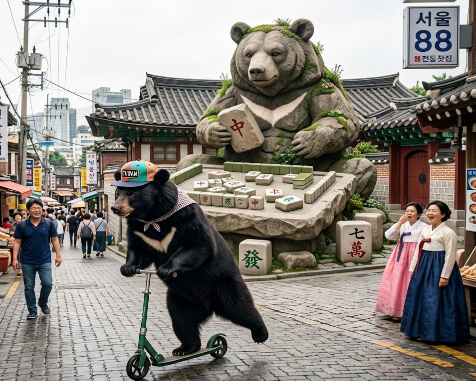 台灣熊愛打麻將,台灣黑熊打麻將,韓國首爾北村韓屋村有台灣黑熊出沒,首爾最新打卡地標,台灣黑熊在韓國首爾北村韓屋村打麻將,韓國首爾北村韓屋村黑熊打麻將,麻將大賽空降北村韓屋村