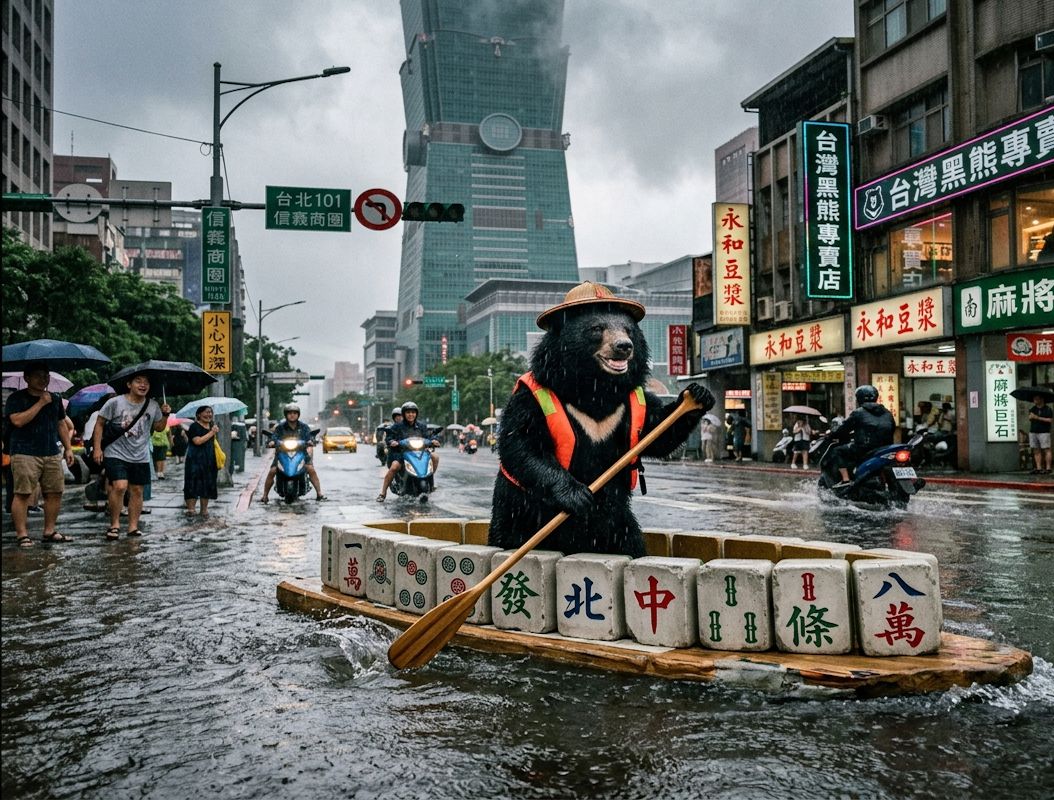 台灣熊愛打麻將,台灣黑熊打麻將,水上移動式麻將館,台北101前摸一把大三元,台灣黑熊水上樂園搓麻將,信義區梅雨季限定水上麻將爭霸戰,打麻將比水上樂園還好玩,台北梅雨季出門划槳,台灣黑熊一邊衝浪一邊碰,信義區大淹水直接變成威尼斯,台北水上麻將開打,台灣梅雨季揪團打麻將