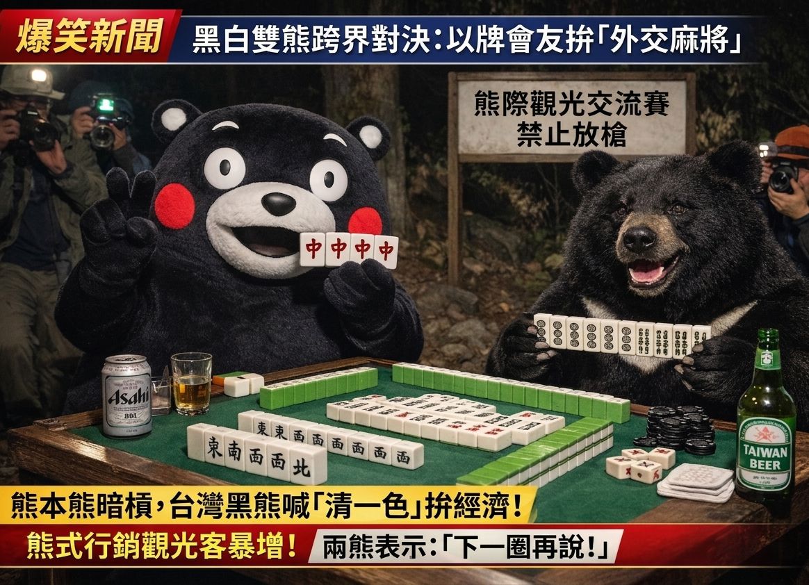台灣黑熊,台灣熊愛打麻將,台灣黑熊打麻將,熊掌摸牌,台日友好麻將牌局,贏了去台積電輸了去熊本城,熊本熊觀光大使開桌,熊本熊打麻將