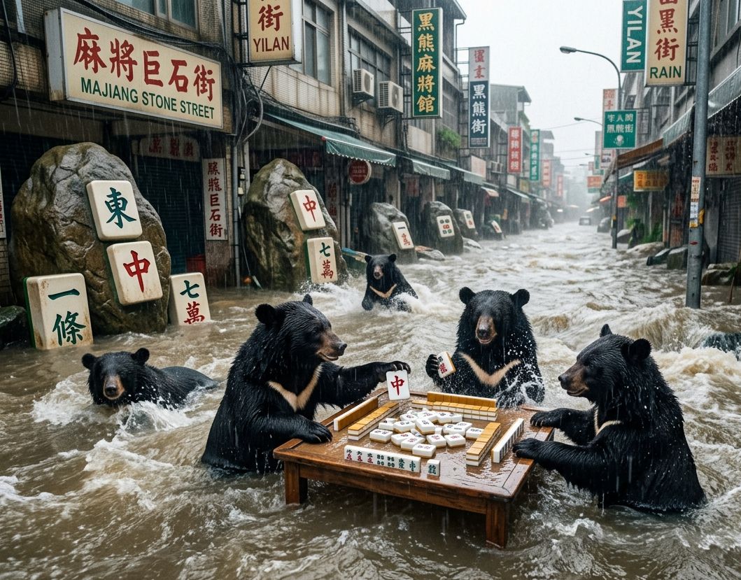 宜蘭梅雨季限定地獄級麻將大賽,宜蘭梅雨季秒變水上水上樂園,淹水高度直逼胸口的宜蘭狂暴雨彈,梅雨季最強檔之黑熊與麻將的奇幻漂流,東風與發財之間的世紀水上對決,台灣熊愛打麻將,台灣黑熊打麻將,宜蘭大淹水直接變成威尼斯,台灣梅雨季揪團打麻將,大風大浪擋不住黑熊的麻將魂