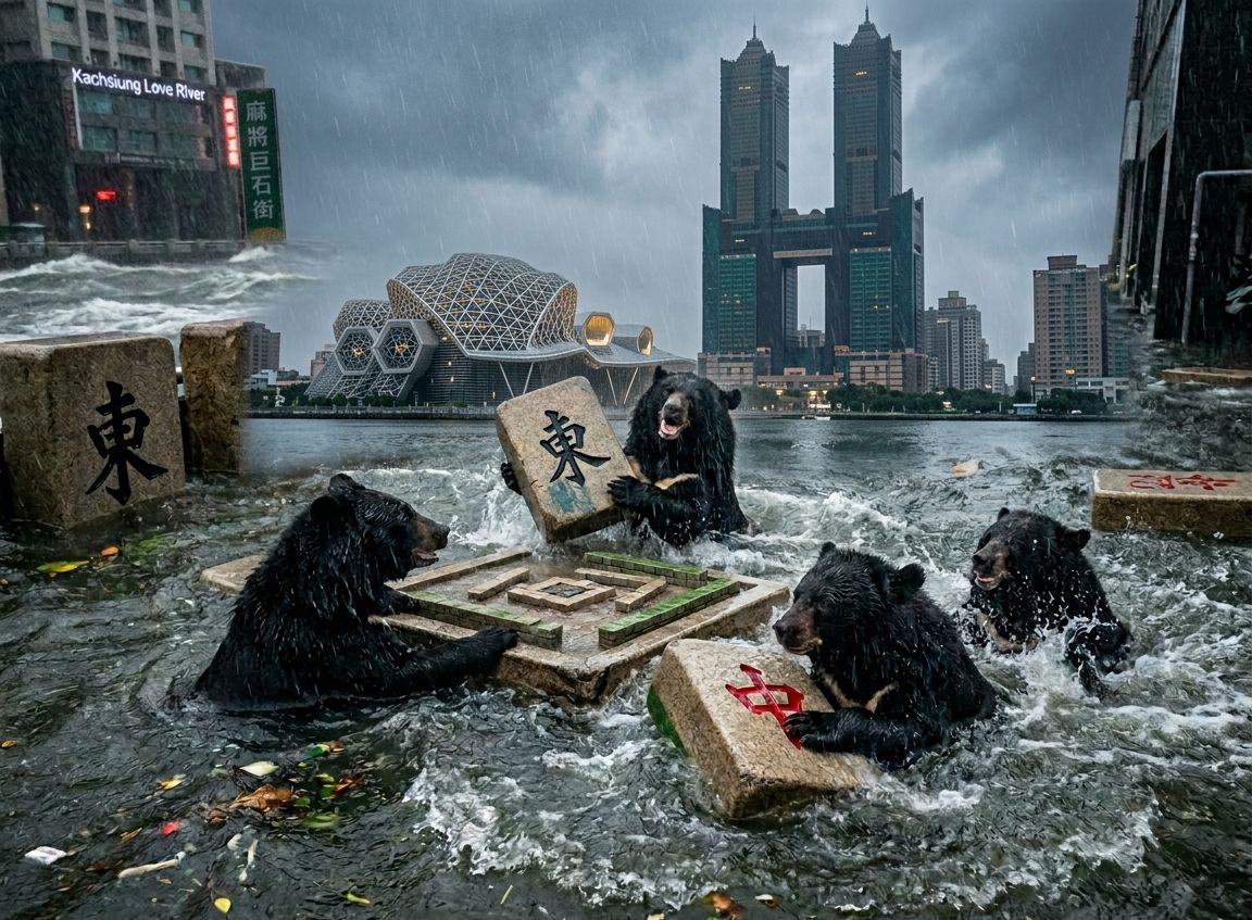 高雄愛河限定版水上麻將,梅雨季淹水不忘自摸,高雄愛河變身東方威尼斯麻將局,台灣熊愛打麻將,台灣黑熊打麻將,水上移動式麻將館,基隆大淹水直接變成威尼斯,台灣黑熊水上樂園搓麻將,高雄愛河梅雨季限定水上麻將爭霸戰,打麻將比水上樂園還好玩,高雄淹水變成了水上牌局