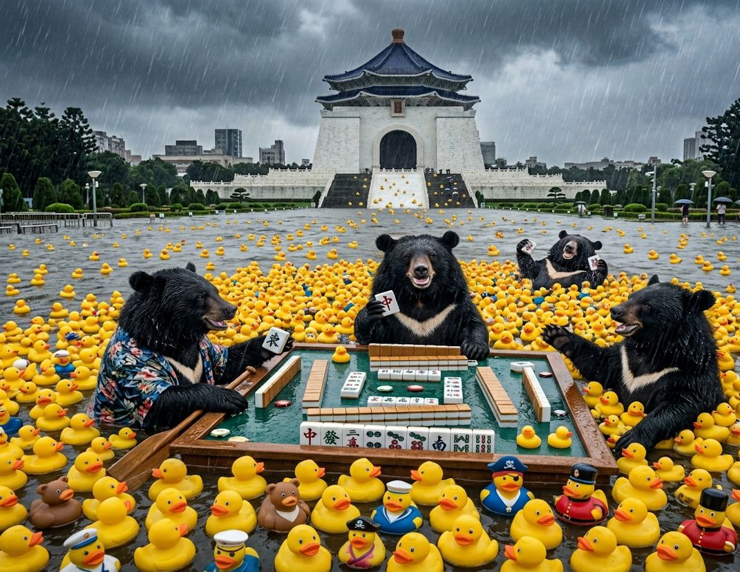 國家級景點變成賭場實錄,台灣黑熊在暴雨中挑戰大滿貫,台北中正紀念堂水上麻將大賽,萬隻小鴨入侵中正紀念堂,台北中正紀念堂變身東方威尼斯麻將局,台灣熊愛打麻將,台灣黑熊打麻將,水上移動式麻將館台北中正紀念堂大淹水直接變成威尼斯,台灣黑熊水上樂園搓麻將,自由廣場變水上麻將館