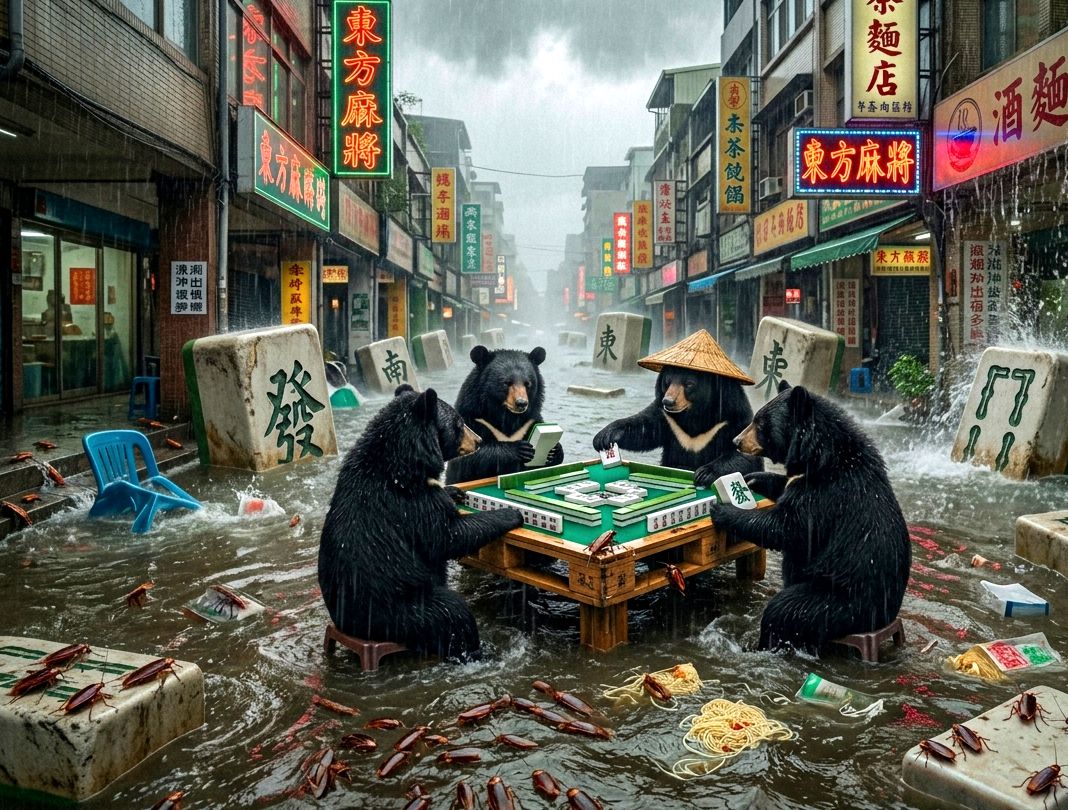 台灣熊愛打麻將,台灣黑熊打麻將,水上移動式小強軍團麻將館,台灣黑熊與蟑螂水上樂園搓麻將,台北梅雨季限定水上麻將爭霸戰,打麻將比水上樂園還好玩,台北梅雨季出門打水上排球,台北大淹水直接變成威尼斯,台北水上麻將開打,台灣蟑螂梅雨季揪團打麻將