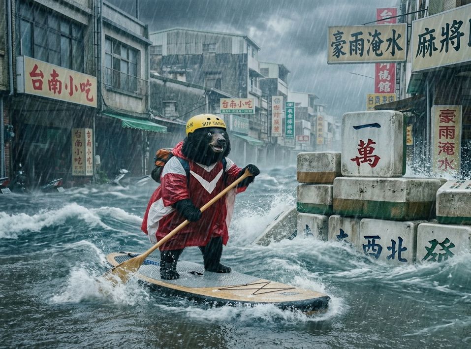 台南水上麻將大賽,台南變身東方威尼斯麻將局,台灣熊愛打麻將,台灣黑熊打麻將,水上移動式麻將館,台南大淹水直接變成威尼斯,台灣黑熊水上樂園搓麻將,台南梅雨季限定水上麻將爭霸戰,打麻將比水上樂園還好玩