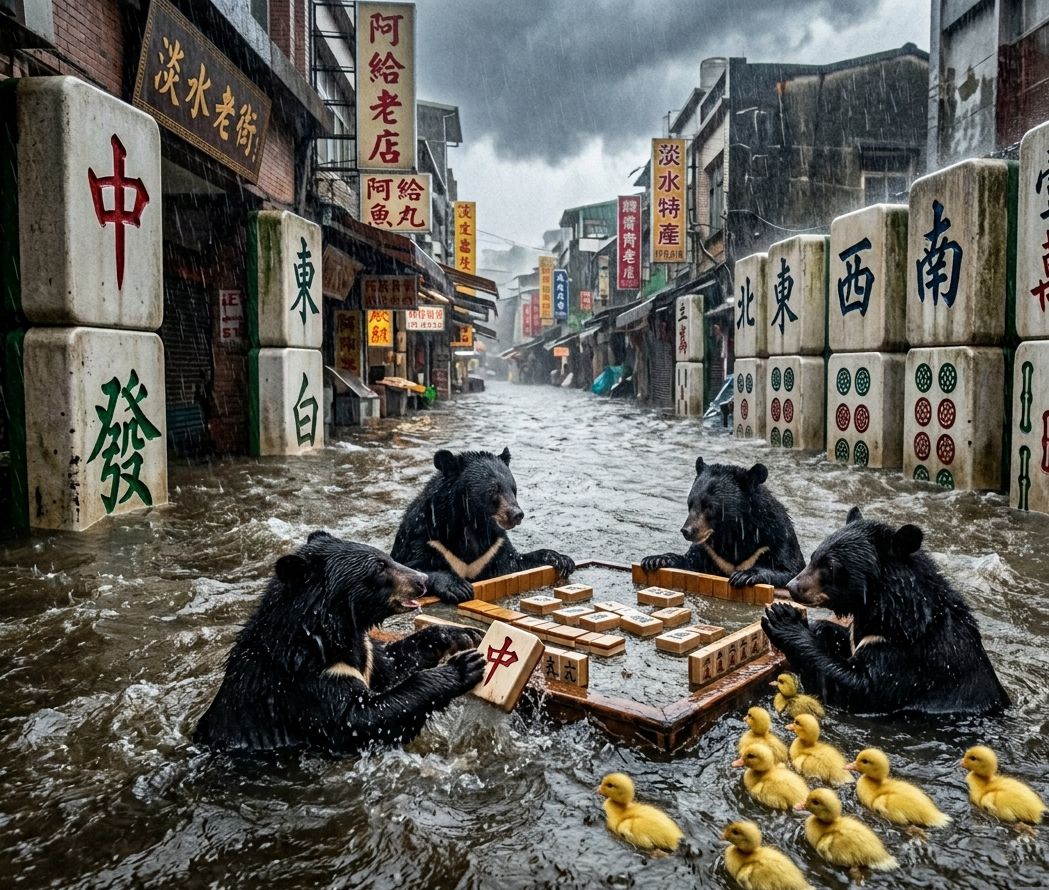 台灣熊愛打麻將,台灣黑熊打麻將,水上移動式麻將館,淡水大淹水直接變成威尼斯,台灣黑熊水上樂園搓麻將,淡水梅雨季限定水上麻將爭霸戰,打麻將比水上樂園還好玩,淡水梅雨季黃色小鴨游泳,台灣梅雨季揪團打麻將,淡水老街有黑熊游泳