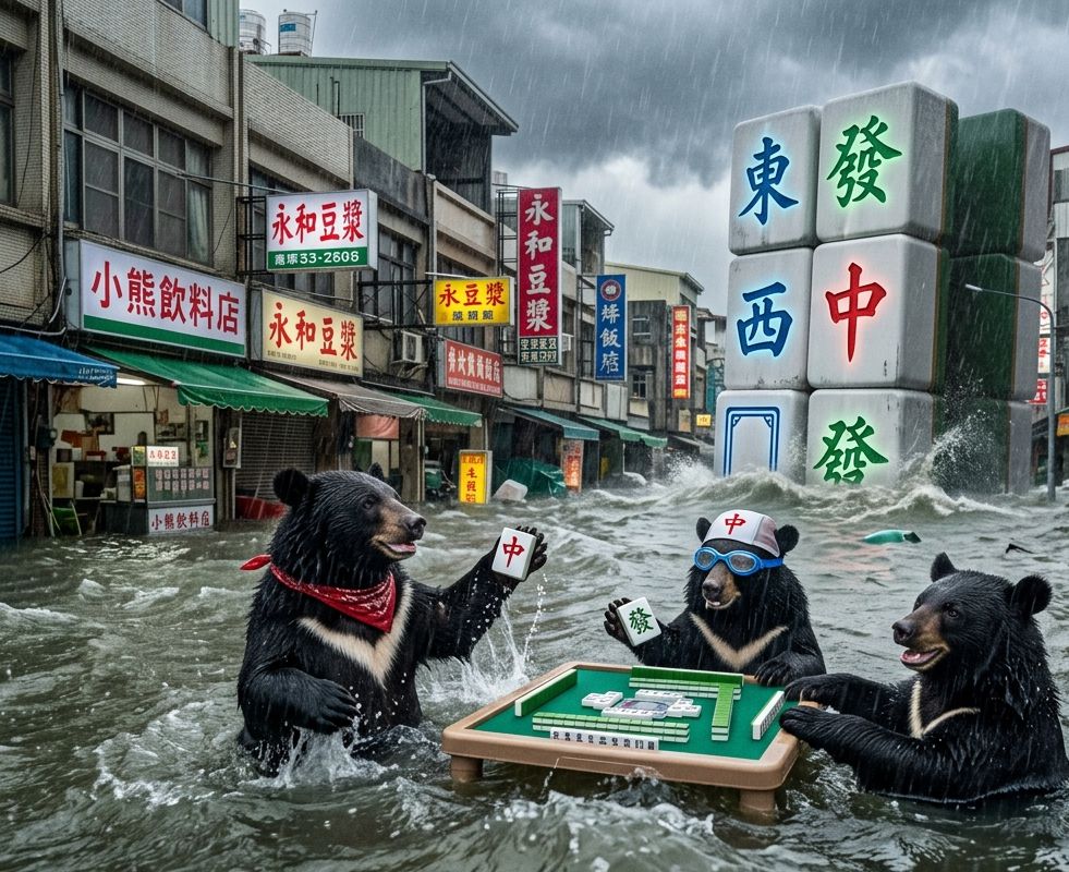 新北市永和限定版水上麻將,梅雨季淹水不忘自摸,新北市永和變身東方威尼斯麻將局,台灣熊愛打麻將,台灣黑熊打麻將,水上移動式麻將館,新北市永和大淹水直接變成威尼斯,台灣黑熊水上樂園搓麻將,梅雨季限定水上麻將爭霸戰,打麻將比水上樂園還好玩,滿街都是永和豆漿難道是永和豆漿宇宙