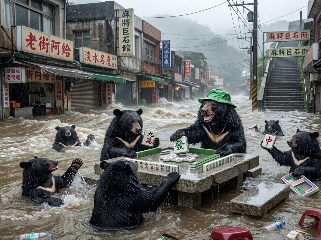 台灣熊愛打麻將,台灣黑熊打麻將,水上移動式麻將館,淡水大淹水直接變成威尼斯,台灣黑熊水上樂園搓麻將,淡水梅雨季限定水上麻將爭霸戰,打麻將比水上樂園還好玩,台灣梅雨季揪團打麻將,淡水老街有黑熊游泳