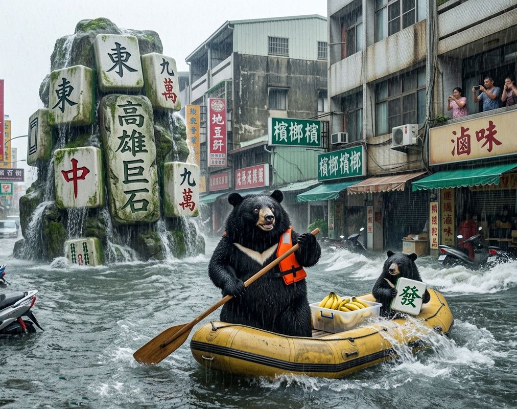 台灣熊愛打麻將,台灣黑熊打麻將,高雄水上移動式麻將館,台灣黑熊水上樂園搓麻將,高雄梅雨季限定水上麻將爭霸戰,打麻將比水上樂園還好玩,高雄梅雨季出門划槳,台灣黑熊一邊坐香蕉船一邊碰,高雄大淹水直接變成威尼斯,高雄淹水划船,台灣梅雨季揪團打麻將