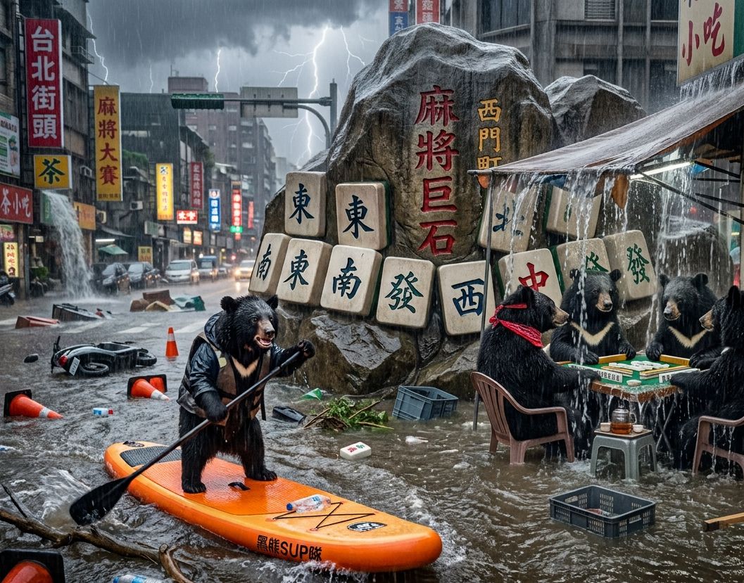 台灣熊愛打麻將,台灣黑熊打麻將,水上移動式小強軍團麻將館,台灣黑熊與蟑螂水上樂園搓麻將,台北西門町梅雨季限定水上麻將爭霸戰,打麻將比水上樂園還好玩,台北西門町梅雨季出門打水上排球,台北大淹水直接變成威尼斯,台北水上麻將開打,台灣蟑螂梅雨季揪團打麻將,西門町梅雨颱風雙殺警報