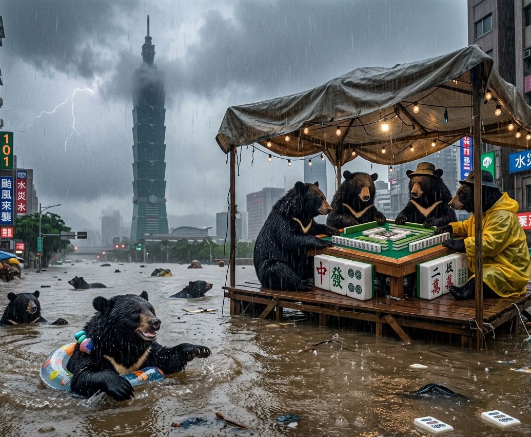 台灣熊愛打麻將,台灣黑熊打麻將,水上移動式小強軍團麻將館,台灣黑熊與蟑螂水上樂園搓麻將,台北101梅雨季限定水上麻將爭霸戰,打麻將比水上樂園還好玩,台北101梅雨季出門打水上排球,台北大淹水直接變成威尼斯,台北水上麻將開打,台灣蟑螂梅雨季揪團打麻將,颱風梅雨夾擊警報
