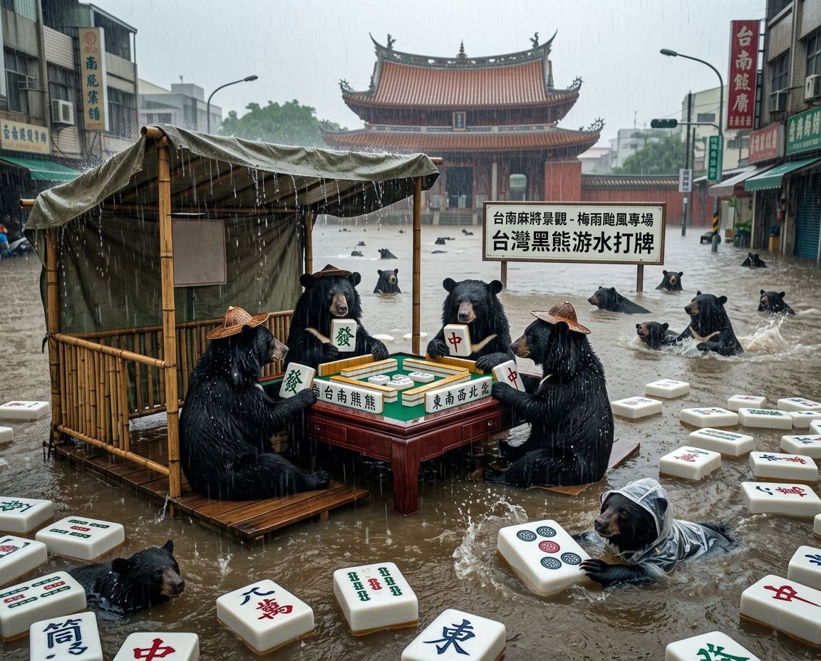 台南赤崁樓水上麻將大賽,台南赤崁樓變身東方威尼斯麻將局,台灣熊愛打麻將,台灣黑熊打麻將,水上移動式麻將館,台南赤崁樓大淹水直接變成威尼斯,台灣黑熊水上樂園搓麻將,台南赤崁樓梅雨季限定水上麻將爭霸戰,打麻將比水上樂園還好玩