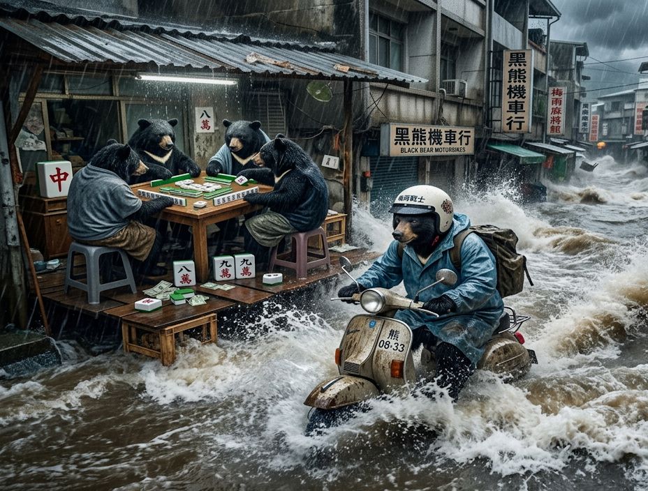 台灣熊愛打麻將,台灣黑熊打麻將,水上移動式麻將館,台灣黑熊水上樂園搓麻將,台北梅雨季限定水上麻將爭霸戰,打麻將比水上樂園還好玩,台北梅雨季出門打水上排球,台北大淹水直接變成威尼斯,台北水上麻將開打,台灣梅雨季揪團打麻將