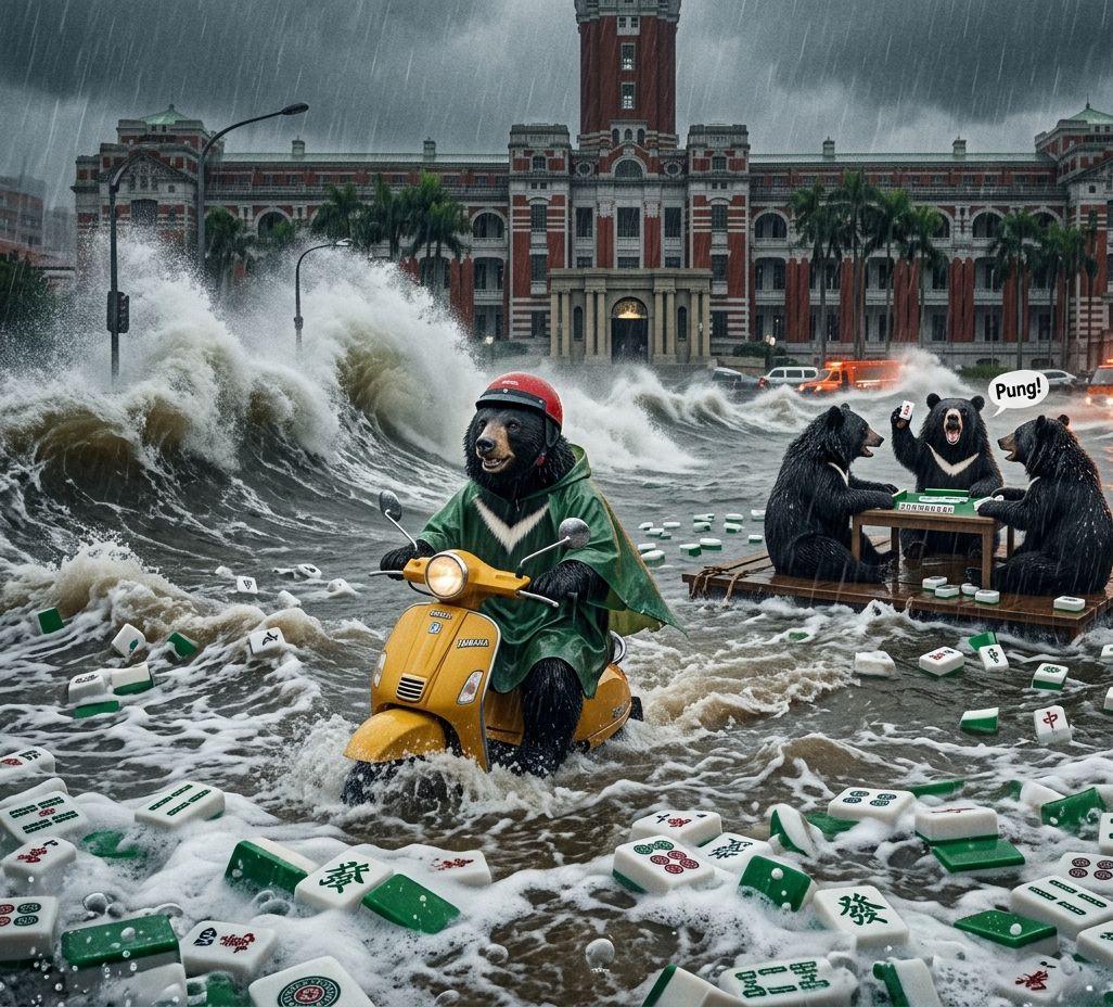 台灣黑熊,台灣熊愛打麻將,台灣黑熊打麻將,凱達格蘭大道揪團打牌,凱道總統府自摸大地震,凱道自摸大三元,凱道黑熊麻將大賽,台灣黑熊水上樂園搓麻將,台北梅雨季限定水上麻將爭霸戰,打麻將比水上樂園還好玩,台北梅雨季出門打水上排球,台北大淹水直接變成威尼斯,台北水上麻將開打,台灣梅雨季揪團打麻將