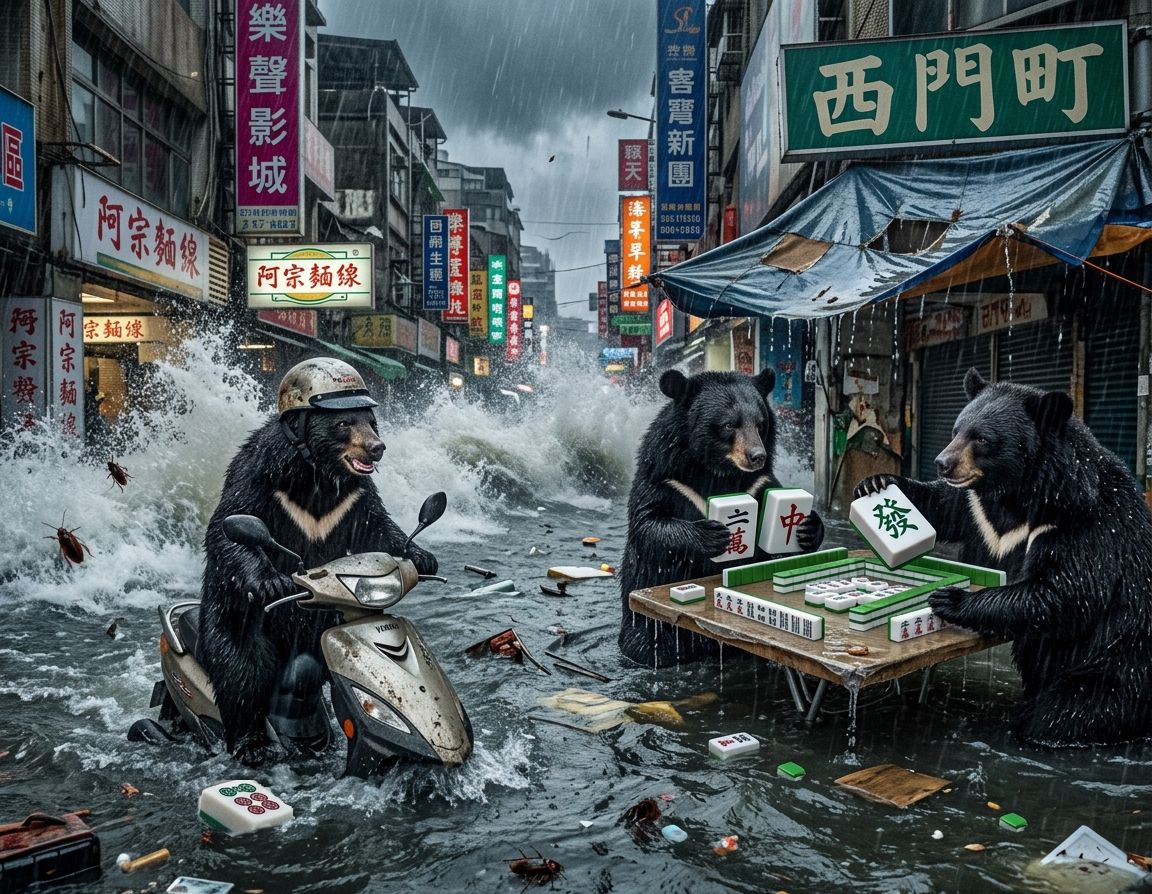 台灣熊愛打麻將,台灣黑熊打麻將,水上移動式小強軍團麻將館,台灣黑熊與蟑螂水上樂園搓麻將,台北西門町梅雨季限定水上麻將爭霸戰,打麻將比水上樂園還好玩,台北西門町梅雨季出門打水上排球,台北大淹水直接變成威尼斯,台北水上麻將開打,台灣蟑螂梅雨季揪團打麻將,西門町梅雨颱風雙殺警報