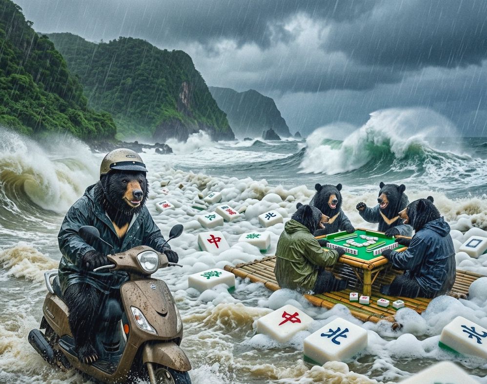 台灣黑熊在綠島,台灣熊愛打麻將,台灣黑熊打麻將,槓上開花綠島,台灣黑熊觀光大使到綠島,海上漂浮大三元,綠島水上移動式麻將館,台灣黑熊水上樂園搓麻將,綠島梅雨季限定水上麻將爭霸戰,打麻將比水上樂園還好玩,綠島大淹水直接變成威尼斯,台灣梅雨季揪團打麻將