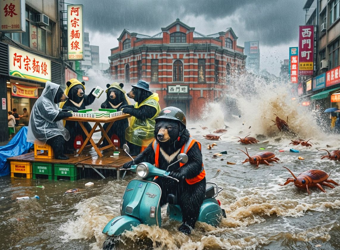 台灣熊愛打麻將,台灣黑熊打麻將,水上移動式小強軍團麻將館,台灣黑熊與蟑螂水上樂園搓麻將,台北西門町梅雨季限定水上麻將爭霸戰,打麻將比水上樂園還好玩,台北西門町梅雨季出門打水上排球,台北大淹水直接變成威尼斯,台北水上麻將開打,台灣蟑螂梅雨季揪團打麻將,西門町梅雨颱風雙殺警報