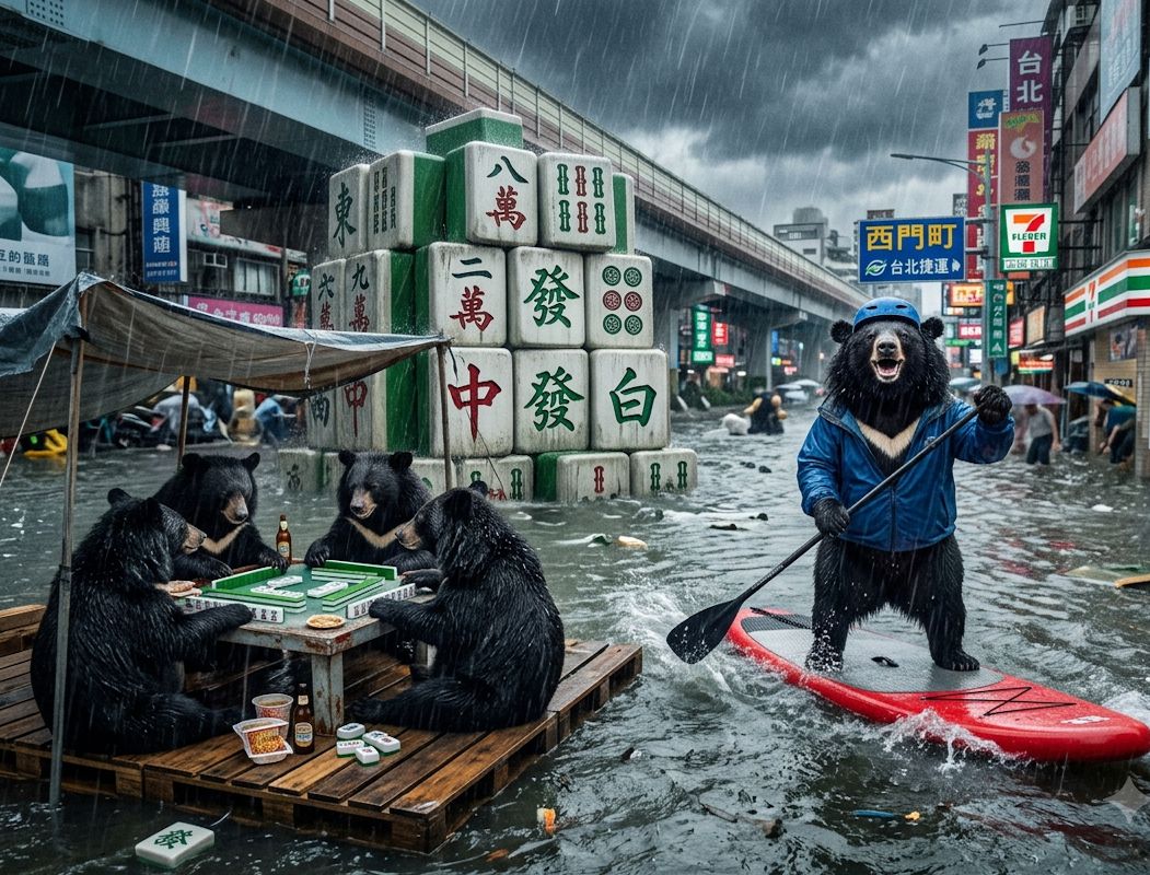 台灣熊愛打麻將,台灣黑熊打麻將,水上移動式小強軍團麻將館,台灣黑熊與蟑螂水上樂園搓麻將,台北西門町梅雨季限定水上麻將爭霸戰,打麻將比水上樂園還好玩,台北西門町梅雨季出門打水上排球,台北大淹水直接變成威尼斯,台北水上麻將開打,台灣蟑螂梅雨季揪團打麻將,西門町梅雨颱風雙殺警報