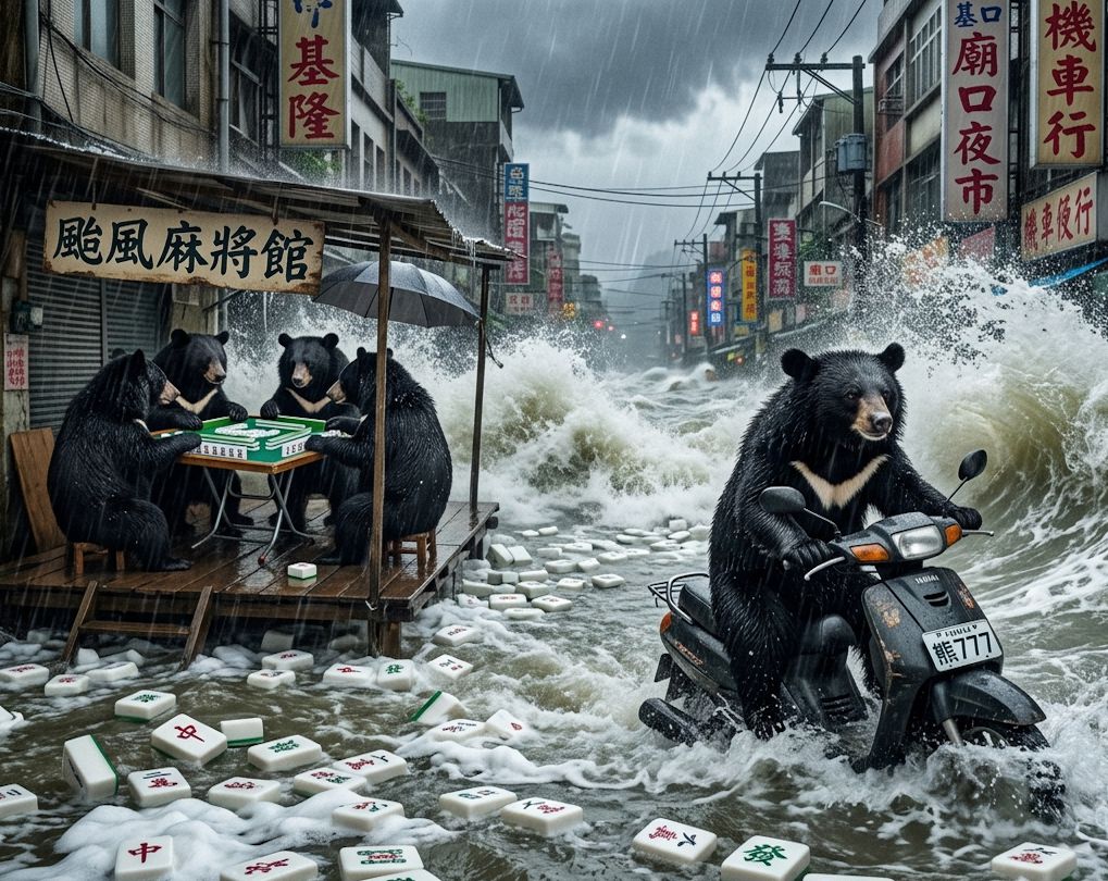 基隆廟口夜市限定版水上麻將,梅雨季淹水不忘自摸,基隆變身東方威尼斯麻將局,台灣熊愛打麻將,台灣黑熊打麻將,水上移動式麻將館,基隆大淹水直接變成威尼斯,台灣黑熊水上樂園搓麻將,基隆廟口夜市限定水上麻將爭霸戰,打麻將比水上樂園還好玩