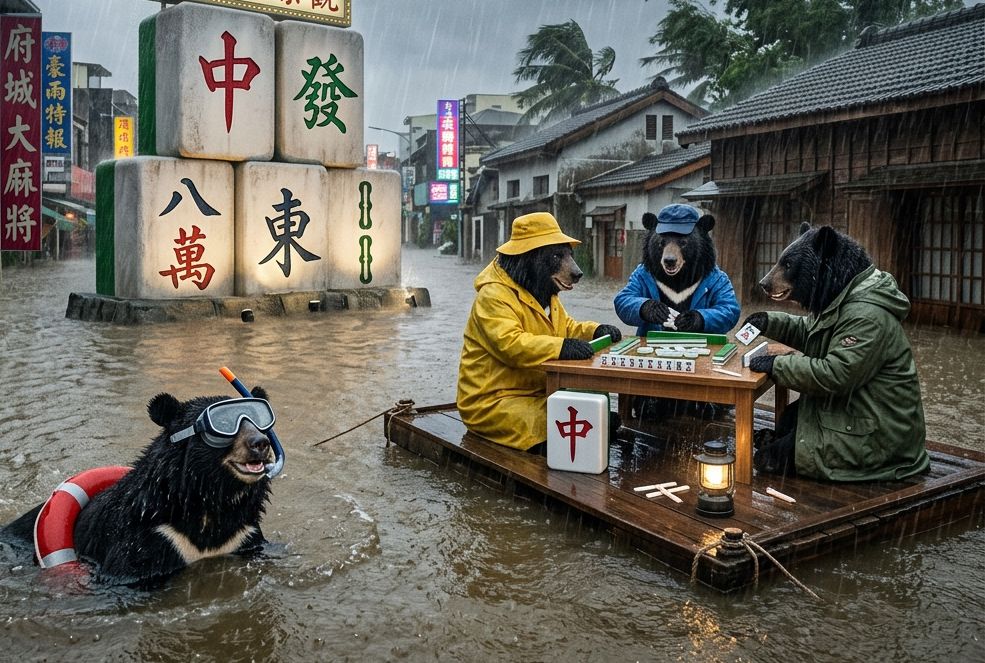 台南變身東方威尼斯麻將局,台灣熊愛打麻將,台灣黑熊打麻將,水上移動式麻將館,台南大淹水直接變成威尼斯,台灣黑熊水上樂園搓麻將,台南梅雨季限定水上麻將爭霸戰,打麻將比水上樂園還好玩,台南水上麻將開打,台灣梅雨季揪團打麻