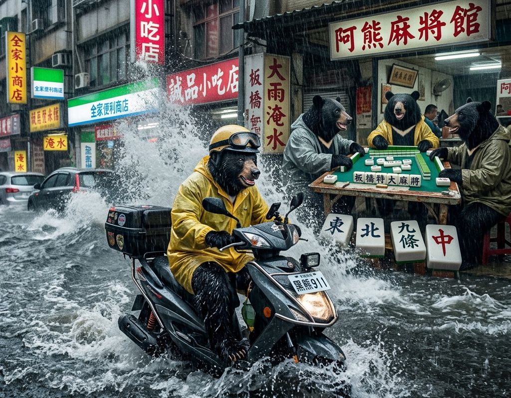梅雨季淹水不忘自摸,板橋變身東方威尼斯麻將局,台灣熊愛打麻將,台灣黑熊打麻將,台灣大淹水直接變成威尼斯,台灣黑熊水上樂園搓麻將,板橋梅雨季限定水上麻將爭霸戰,打麻將比水上樂園還好玩,板橋淹水變成了水上牌局