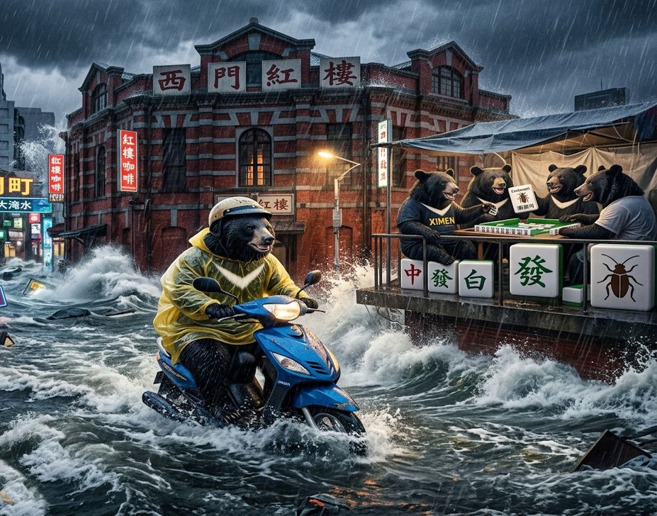 台灣熊愛打麻將,台灣黑熊打麻將,水上移動式小強軍團麻將館,台灣黑熊與蟑螂水上樂園搓麻將,台北西門町梅雨季限定水上麻將爭霸戰,打麻將比水上樂園還好玩,台北西門町梅雨季出門打水上排球,台北大淹水直接變成威尼斯,台北水上麻將開打,台灣蟑螂梅雨季揪團打麻將,西門町梅雨颱風雙殺警報