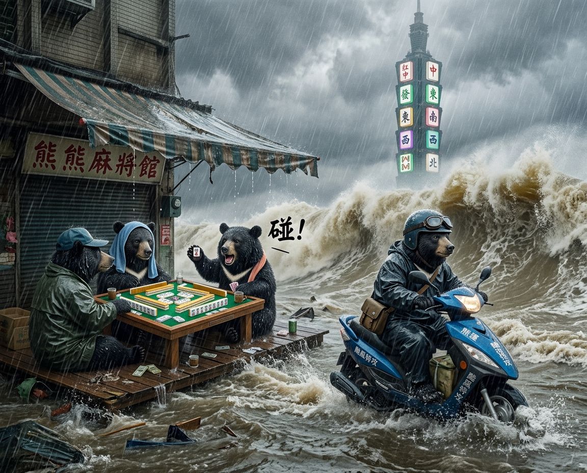 台灣熊愛打麻將,台灣黑熊打麻將,台北101水上移動式麻將館,台灣黑熊水上樂園搓麻將,台北101梅雨季限定水上麻將爭霸戰,打麻將比水上樂園還好玩,台北101梅雨季出門打水上排球,台北大淹水直接變成威尼斯,台北水上麻將開打,台灣梅雨季揪團打麻將,颱風梅雨夾擊警報