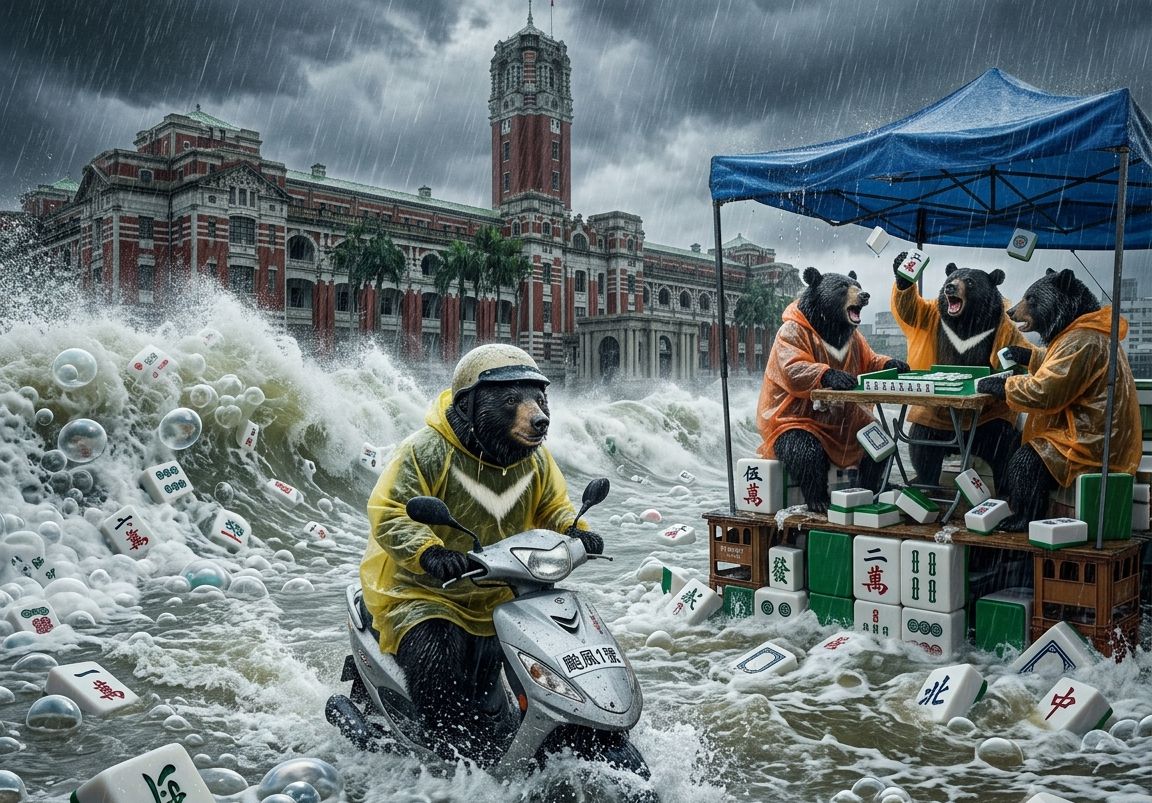 台灣黑熊,台灣熊愛打麻將,台灣黑熊打麻將,凱達格蘭大道揪團打牌,凱道總統府自摸大地震,凱道自摸大三元,凱道黑熊麻將大賽,台灣黑熊水上樂園搓麻將,台北梅雨季限定水上麻將爭霸戰,打麻將比水上樂園還好玩,台北梅雨季出門打水上排球,台北大淹水直接變成威尼斯,台北水上麻將開打,台灣梅雨季揪團打麻將